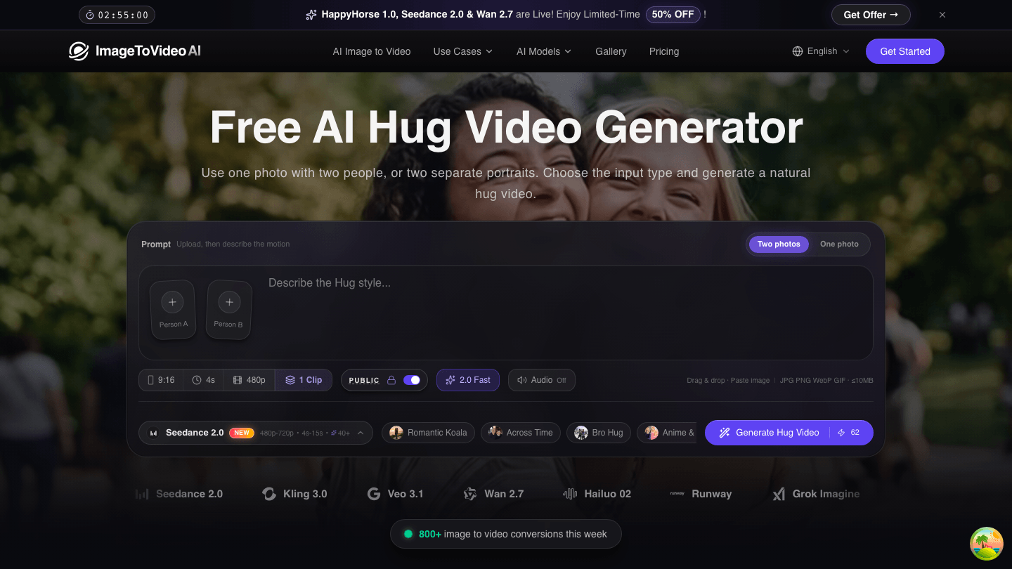 The current ImageToVideoAI AI Hug workspace with Two Photos and One Photo modes, model options, clip controls, and hug style presets