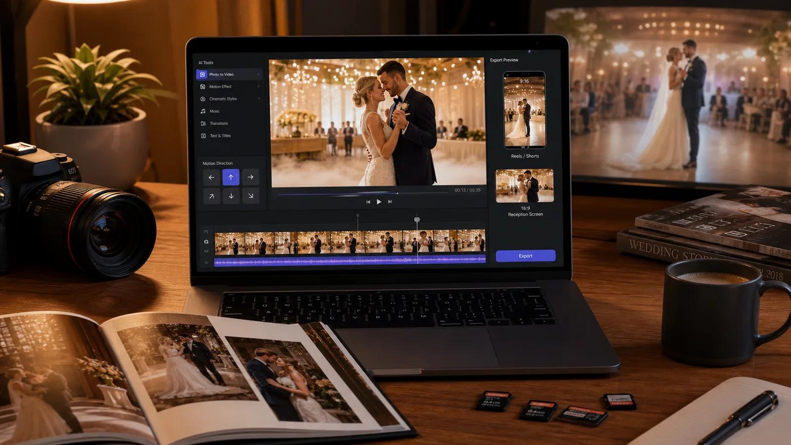 AI wedding video workflow for first-dance loops, Reels save-the-dates, and reception screens