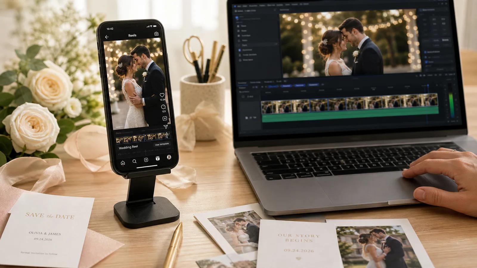 A wedding save-the-date layout prepared for vertical Reels and social sharing