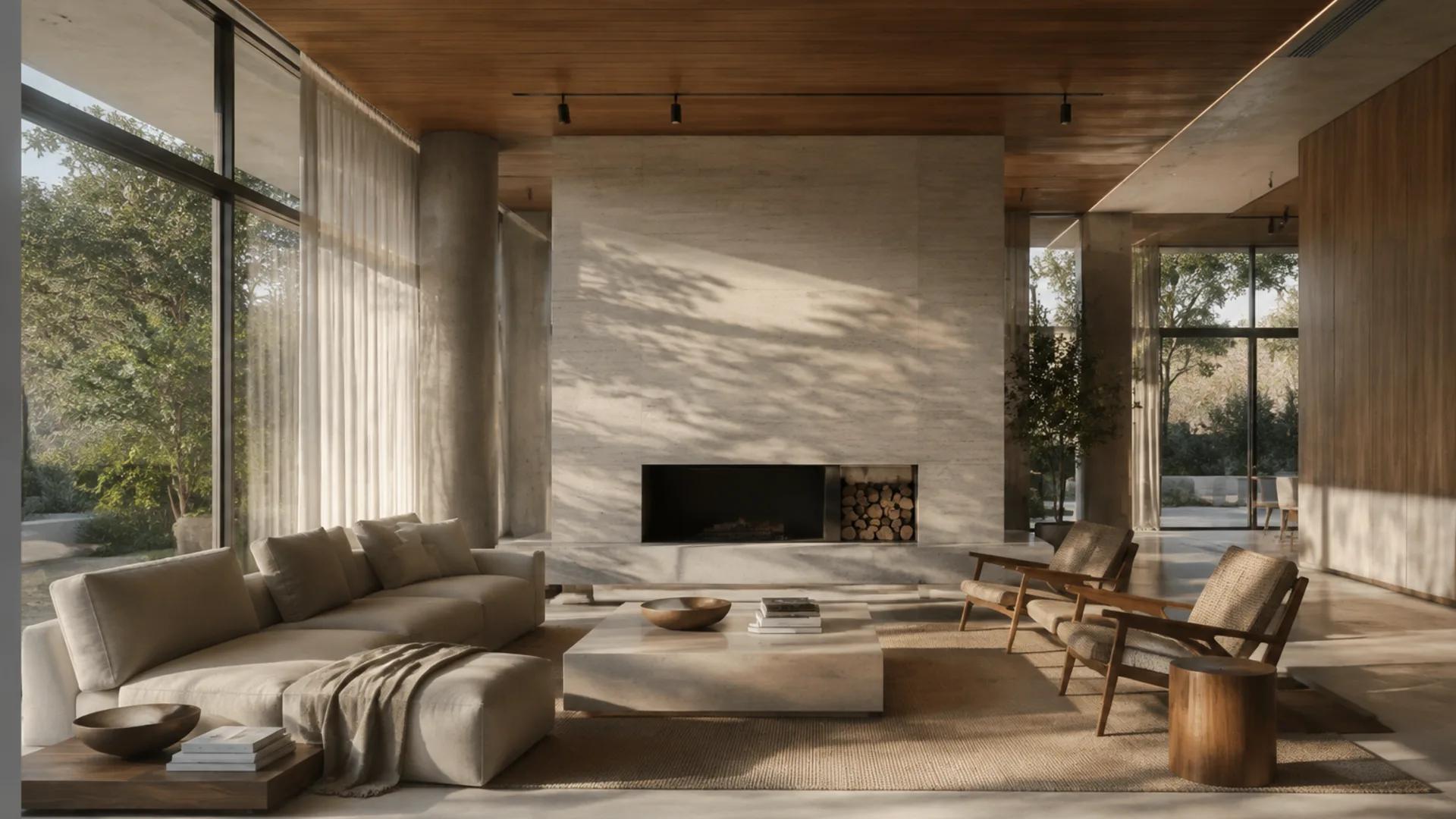 A contemporary living room architectural render prepared for a restrained AI camera move