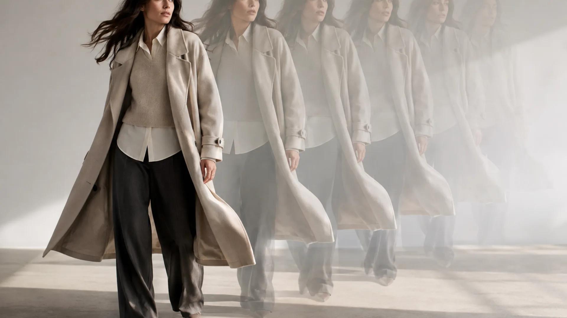 A fashion model in a neutral outfit shown across a sequence of motion frames created from one still photo