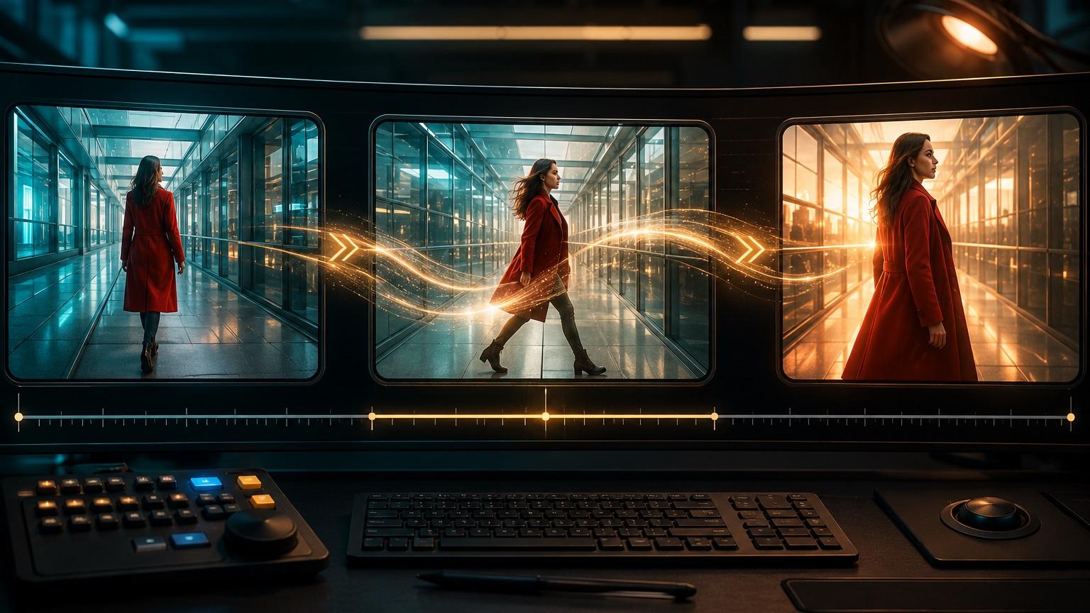 A start frame and an end frame side by side with interpolated motion frames between them, illustrating first and last frame AI video generation