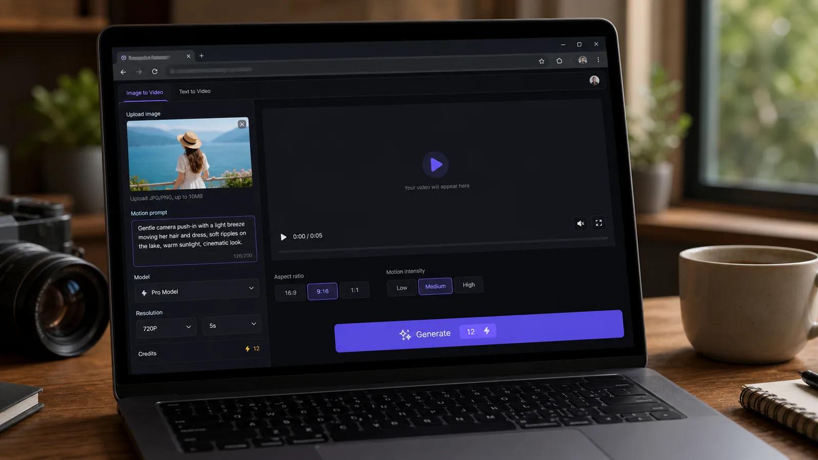 9:16 모션 프롬프트가 적용된 사진이 ImageToVideoAI 워크스페이스에 로드된 화면