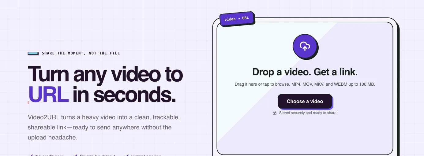 The live Video2URL homepage showing the video upload area for turning the approved review candidate into a browser link