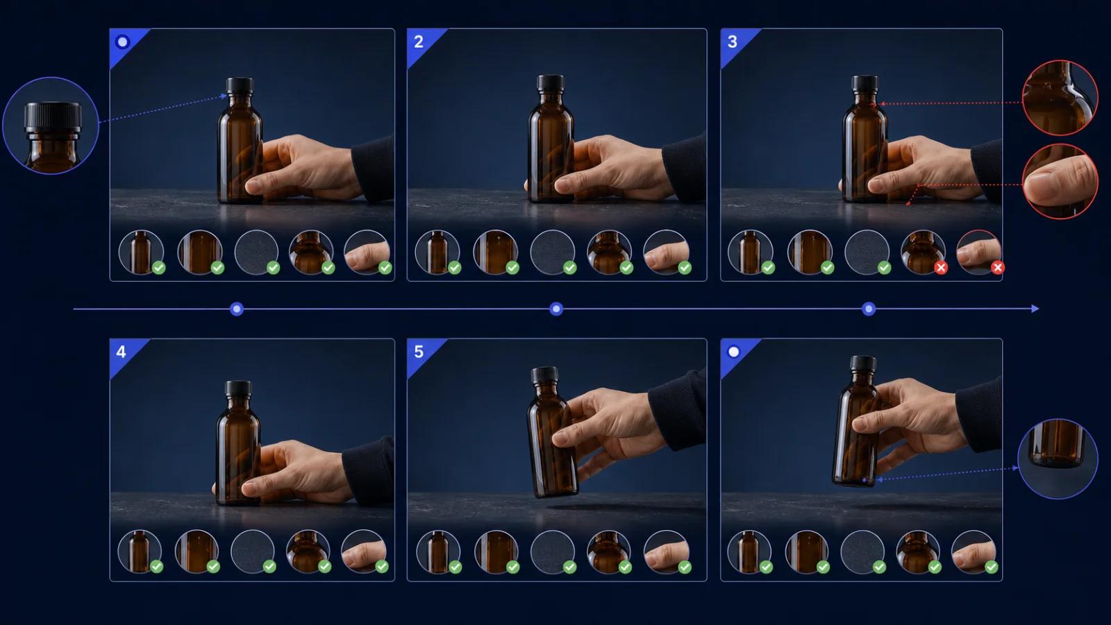 A frame-by-frame quality-control sheet for an AI-restyled product video
